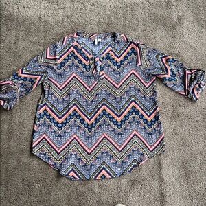 CATO Est. 1946 Colorful Boho Print 3/4 Sleeve with Button V Neck Blouse L